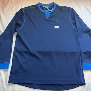 Nike Mens L Long Sleeve Mesh Performance Top Navy Blue Notched Crew Neck